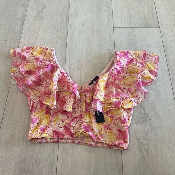 Lulu's Pink and Yellow Floral Ruffle Top - Picture 1 of 6
